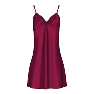 Elegant burgundy ice silk nightgown with chest pads and spaghetti straps for women