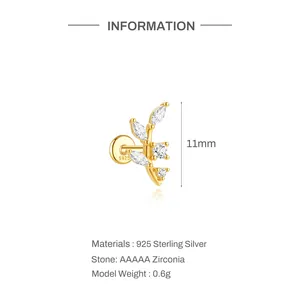 Detail of a 925 sterling silver leaf stud earring with AAAAA zirconia stones