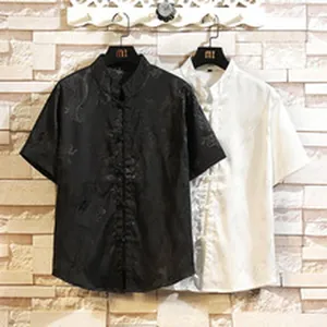 Traditional men's Chinese Tang suit short sleeve shirt with frog buttons and jacquard.