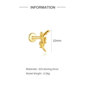 Detail view of a 925 sterling silver gold plated leaf branch cartilage piercing stud