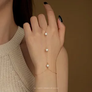 Elegant S925 sterling silver finger chain bracelet with three white pearls for women