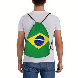 Detailed shot of a green sports drawstring bag featuring the vibrant Brazil flag design.