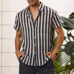 Detail of men's fashion striped cotton linen short sleeve shirt for summer beach wear