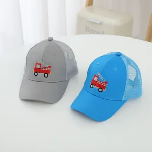 Kids mesh baseball caps featuring cartoon fire truck embroidery in grey and blue colors