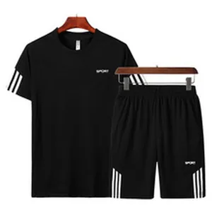 Men's black activewear set featuring short-sleeved t-shirt and matching striped shorts