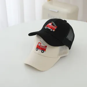 Kids summer mesh baseball cap with embroidered red fire truck for sun protection