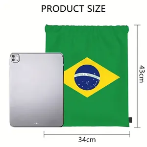 Green drawstring bag with Brazil flag, 34x43cm dimensions for soccer fans