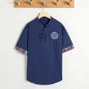 Traditional Chinese style navy blue cotton linen shirt with floral cuffs and chest logo