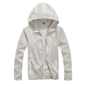 Lightweight light grey hooded windbreaker jacket designed for outdoor sun protection.