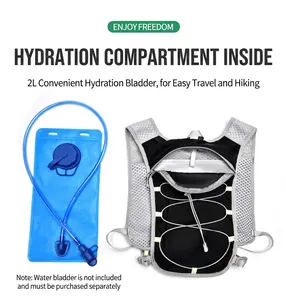 Lightweight hydration vest backpack featuring internal compartment for 2L water bladder