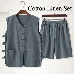 Men's breathable gray cotton linen thin vest and shorts casual two piece set