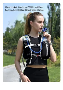 Female model wearing a black running hydration vest with blue drinking tube detail.