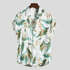 Men's tropical leaf print short sleeve cotton linen shirt for summer casual beachwear