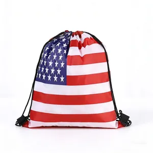 Detailed view of a drawstring backpack with an American flag stars and stripes design