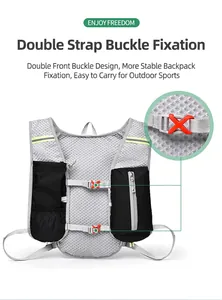 Close-up detail of double orange chest buckles on gray breathable mesh running vest backpack