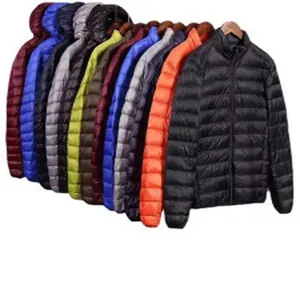 Lightweight men's puffer jackets in multiple colors with quilted design and stand collar.