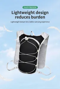 Detail view of lightweight black running vest backpack with mesh straps.