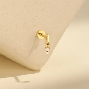 Macro view of gold S925 sterling silver 16G cartilage stud earring with crystal dangles