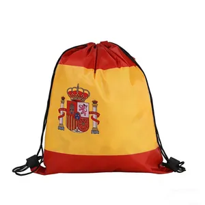 Detail view showing the vibrant Spanish flag design on a durable drawstring bag