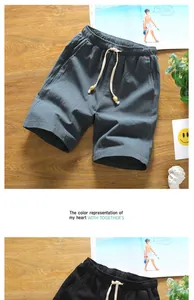 Detail view of breathable cotton linen summer shorts for men in blue and black colors