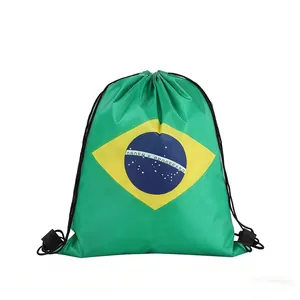Green drawstring backpack with Brazilian flag print for sports and events
