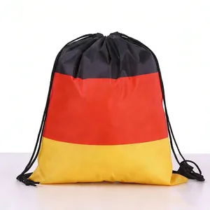 Close-up view of a durable drawstring backpack with black red and yellow stripes