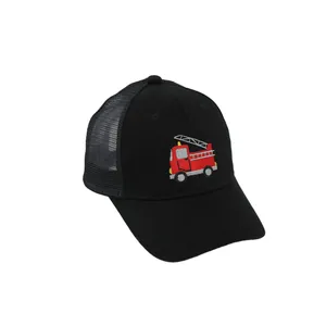 Kids black mesh baseball cap featuring a red cartoon fire truck embroidery for summer
