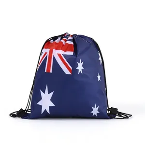 Side view of a blue drawstring backpack printed with the Australian national flag