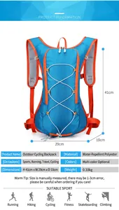Infographic showing dimensions and specs of waterproof blue outdoor cycling backpack