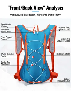 Water-resistant outdoor cycling backpack in blue and orange with reflective safety strips