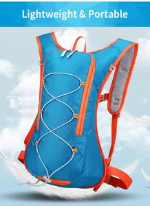 Close-up of lightweight water-repellent cycling backpack in blue and orange