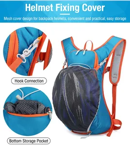 Detail of cycling backpack showing helmet net, hook attachment, and bottom pocket
