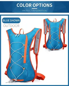 Blue and orange water-repellent cycling backpack shown in front and back view