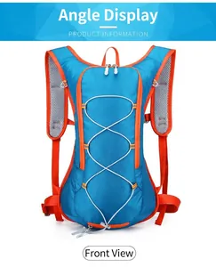Front view of blue outdoor cycling backpack with hydration pack design and orange accents