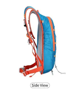 Side view of a professional waterproof blue and orange cycling backpack for outdoor hiking