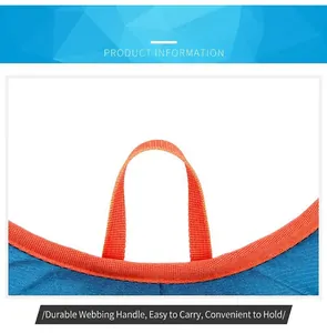Close-up of a durable orange handle webbing on a blue professional outdoor cycling backpack