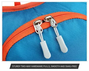 Close-up of the sturdy two-way metal zippers on the blue and orange cycling backpack