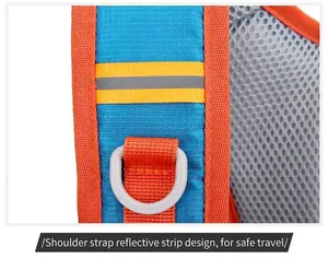 Detail view of outdoor backpack shoulder strap with reflective safety strip