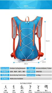 Water-resistant outdoor cycling backpack in blue and orange showing dimensions
