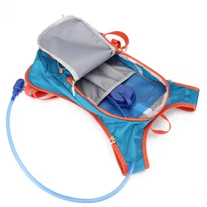 Waterproof outdoor cycling backpack with hydration bladder compartment in blue and orange