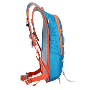 Lightweight blue outdoor cycling backpack with breathable mesh back and orange straps.