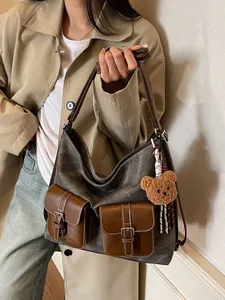 Vintage Denim Texture Large Capacity Women Tote Bag With Double Flap Pockets And Bear Pendant Retro Commuter Shoulder Bag