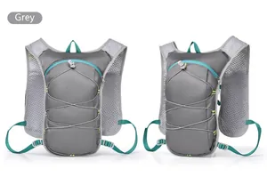 Detail view of a gray lightweight hydration vest backpack for running and cycling