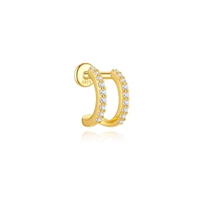 Detailed view of gold S925 sterling silver double layer C-shape zircon helix earring