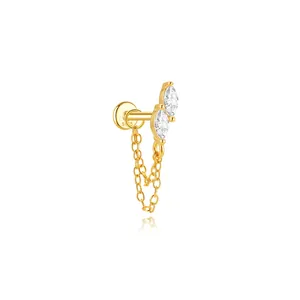 Detail macro view of S925 sterling silver marquise crystal cartilage stud earring with chain