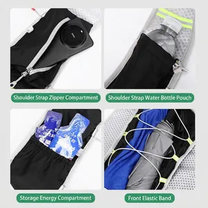 Outdoor running hydration vest backpack with specialized pockets for phone and gels.
