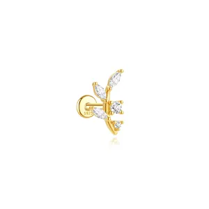 Detailed macro view of S925 sterling silver gold leaf earring with marquise cut zircons