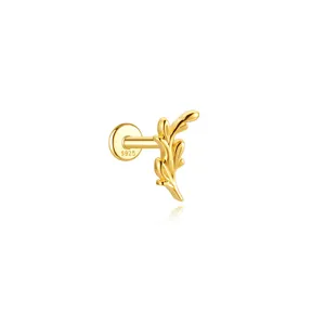 Gold-plated S925 sterling silver leaf branch stud earring for helix piercing detail