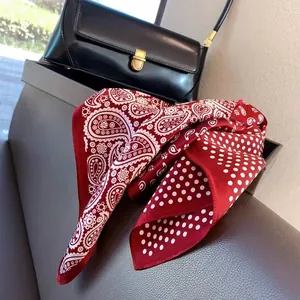 High-end red silk square scarf featuring retro paisley and white polka dot patterns