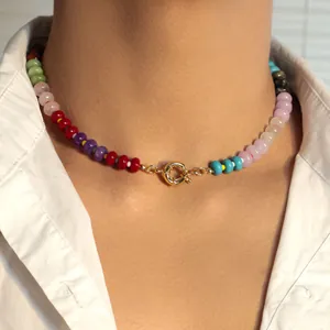 Handmade vibrant candy colored natural stone agate bead choker necklace jewelry for women